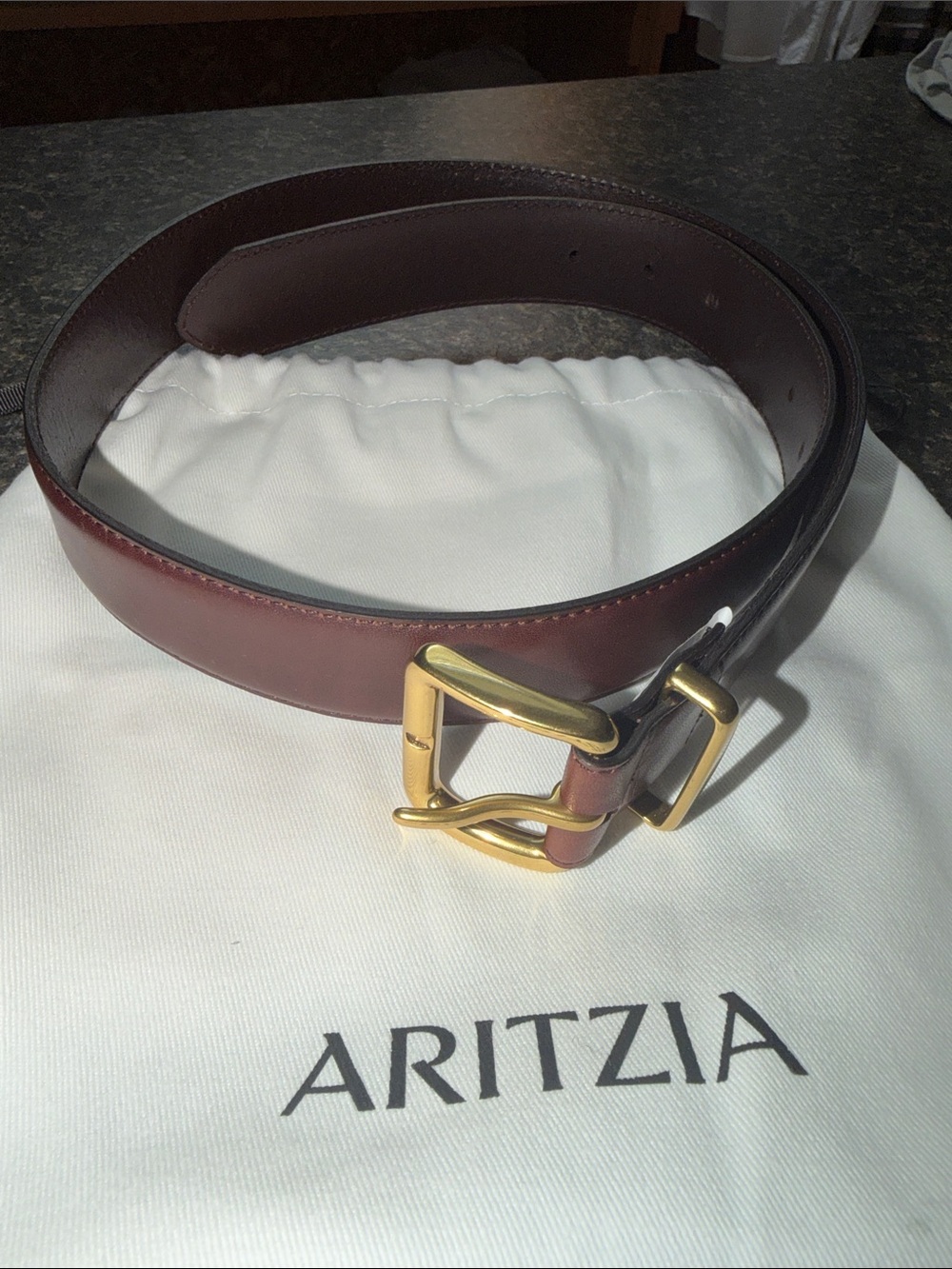 Aritzia women’s Burgundy Leather Belt with Gold Buckle